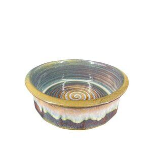 Bill Campbell Signed Pottery Casserole Bowl Blue & Brown Swirl Blue Drip Glaze